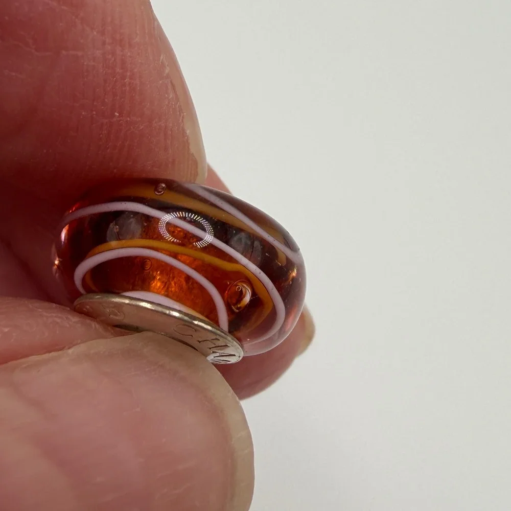 Chamilia 925‎ Sterling Silver Amber Murano Glass Swirl Stripe Charm Bead